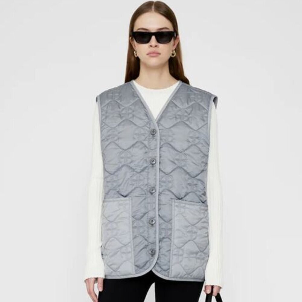 Anine Bing Women's Andy Monogram Winter Cozy Vest Grey Puffer Size Small